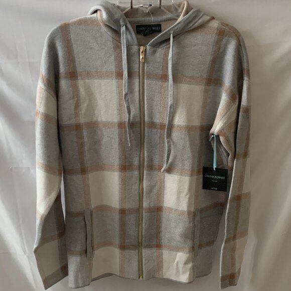 CYNTHIA ROWLEY Plaid Knit Zip Up Hoodie Sweater in Heather Grey/Tan Sz MEDIUM - Picture 1 of 3